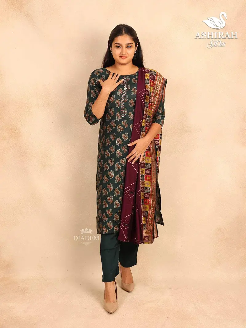 Dark Green Straight Cut Salwar Suit In Cotton With Floral Prints Paired With Dupatta 1