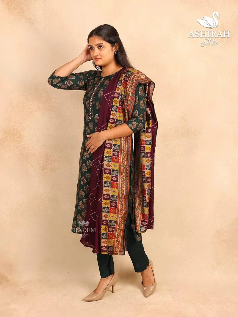 Dark Green Straight Cut Salwar Suit In Cotton With Floral Prints Paired With Dupatta 2