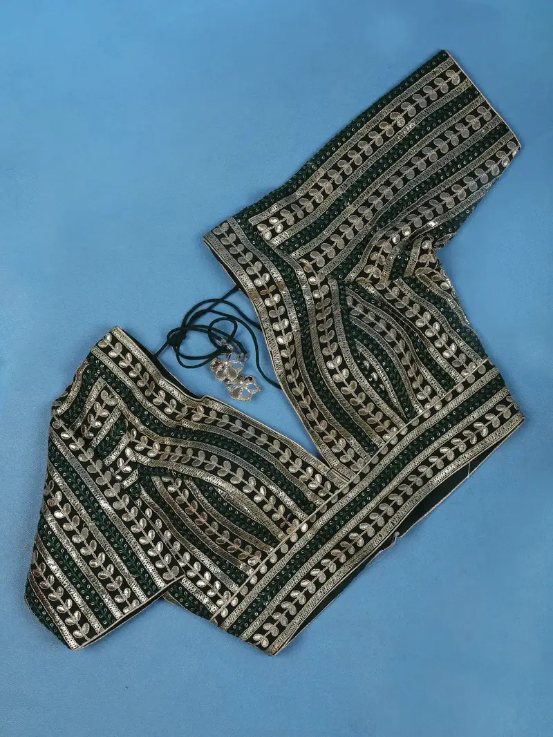 Dark Green Striped Design Georgette Readymade Blouse 1