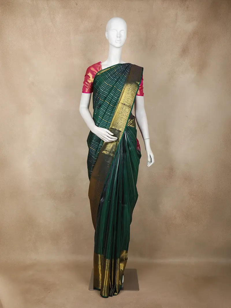 Dark Green Stripes Woven Design Pure Kanchipuram Silk Saree With Contrast Pink Blouse 1