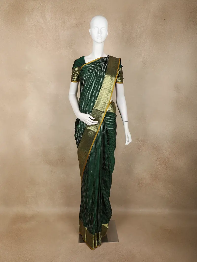 Dark Green Stripes Woven Design Pure Kanchipuram Silk Saree With Gold Zari Woven Border 1