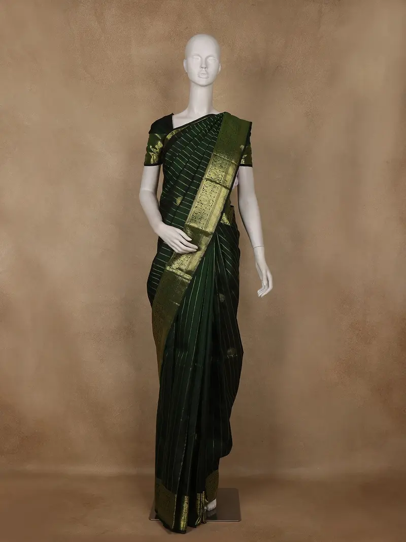 Dark Green Stripes Woven Pure Kanchipuram Silk Saree 1