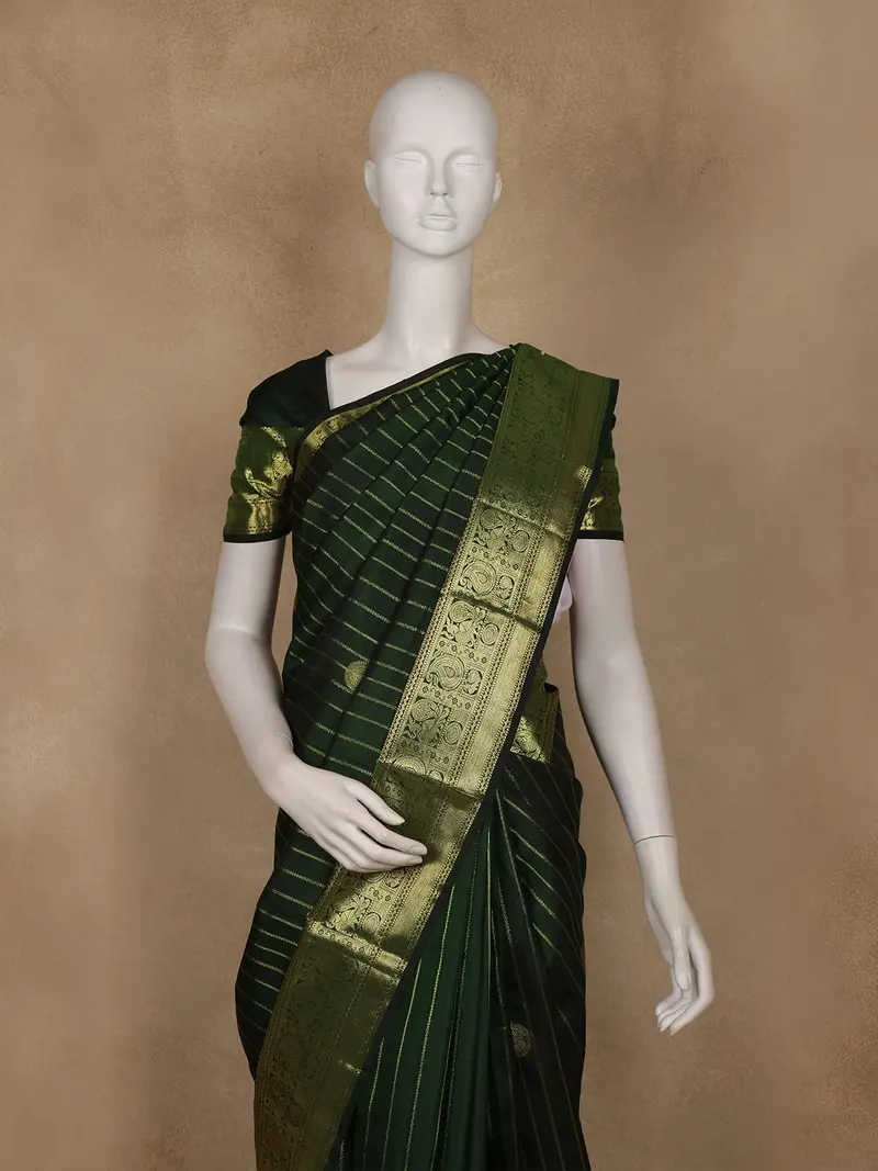 Dark Green Stripes Woven Pure Kanchipuram Silk Saree 2
