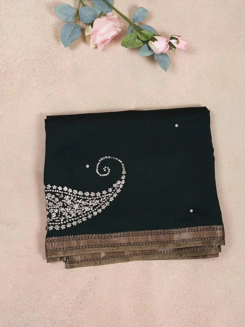 Dark Green Tussar Silk Saree With Paisley Motif On The Body And Zari Border 1