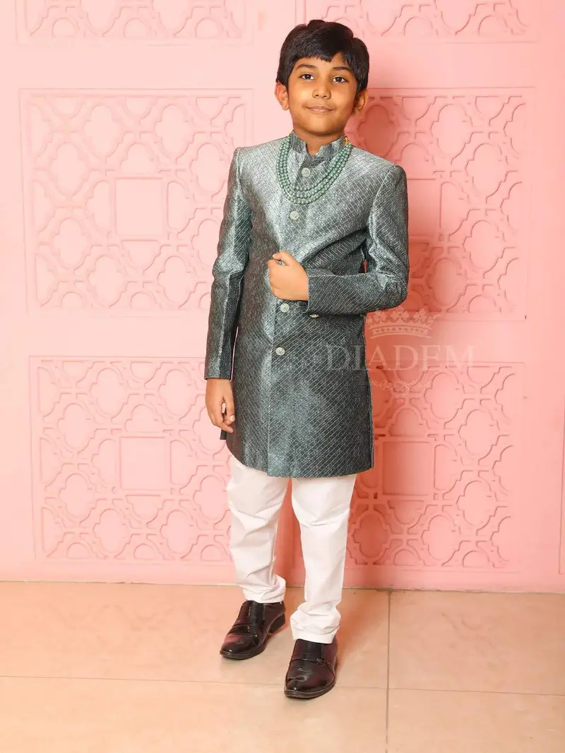 Dark Green Velvet Designed Sherwani And Pant Set 1