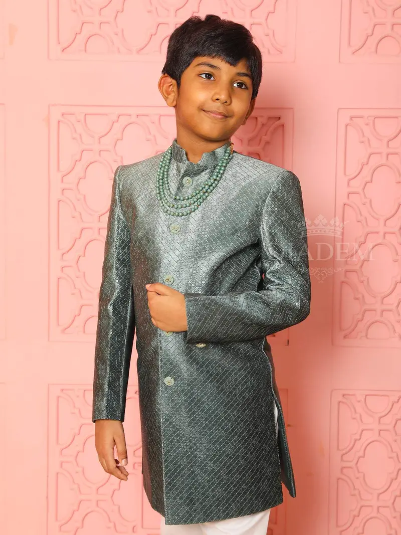 Dark Green Velvet Designed Sherwani And Pant Set 4