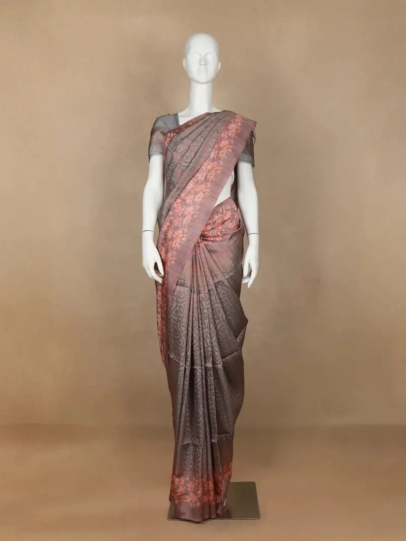 Dark Grey Abstract Designed Semi Tussar Silk Saree 1