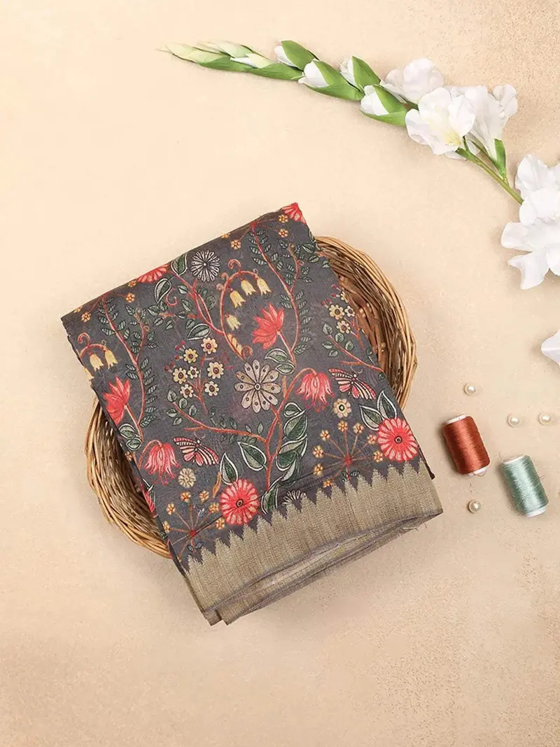 Dark Grey Chanderi Silk Saree With Colorful Floral Pattern On The Body With Matching Border 1