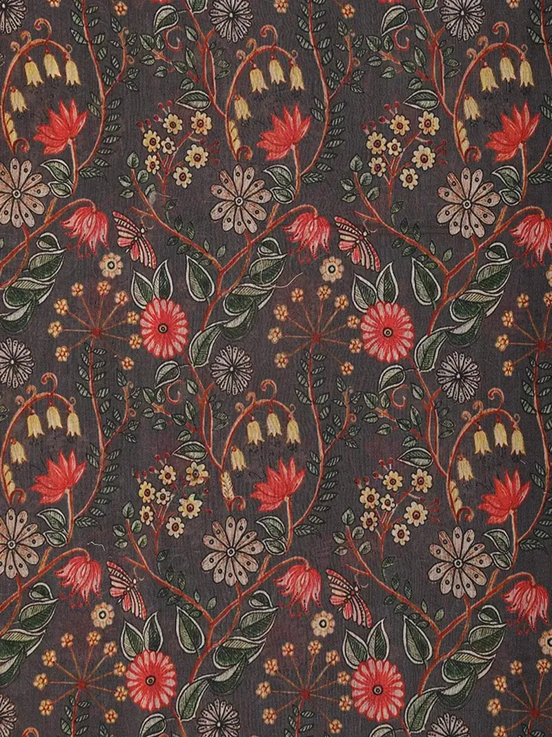 Dark Grey Chanderi Silk Saree With Colorful Floral Pattern On The Body With Matching Border 2