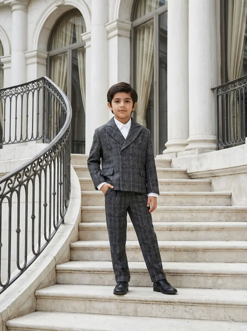 Dark Grey Checked Linen Coat Suit 1