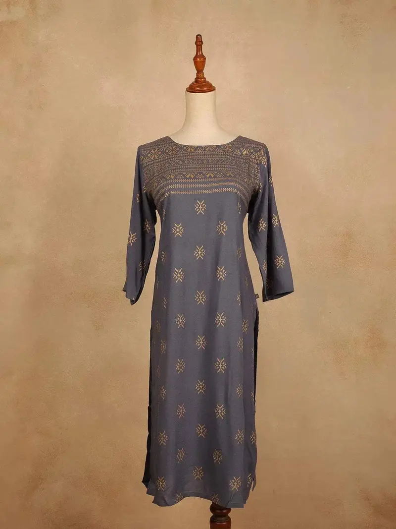Dark Grey Cotton Kurti Top Adorned With Design Prints, Without Dupatta 1