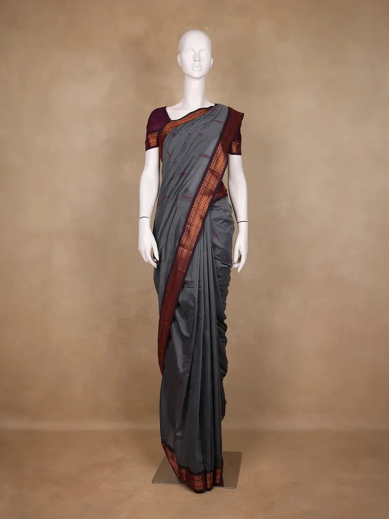 Dark Grey Floral Butta Motif Cotton Saree 1