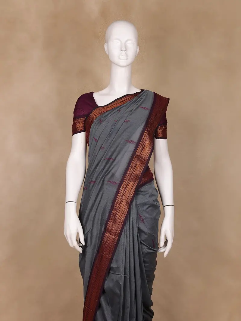 Dark Grey Floral Butta Motif Cotton Saree 2