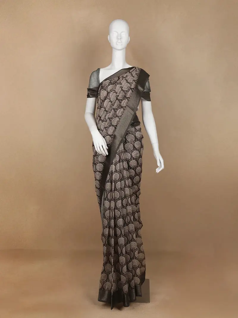 Dark Grey Floral Designed Chanderi Cotton Saree 1