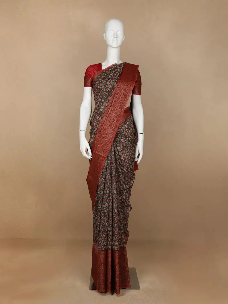 Dark Grey Floral Designed Chanderi Cotton Saree 1