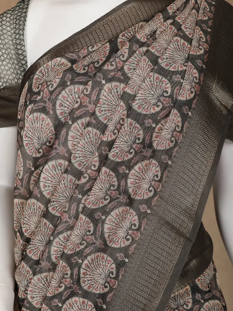 Dark Grey Floral Designed Chanderi Cotton Saree 2