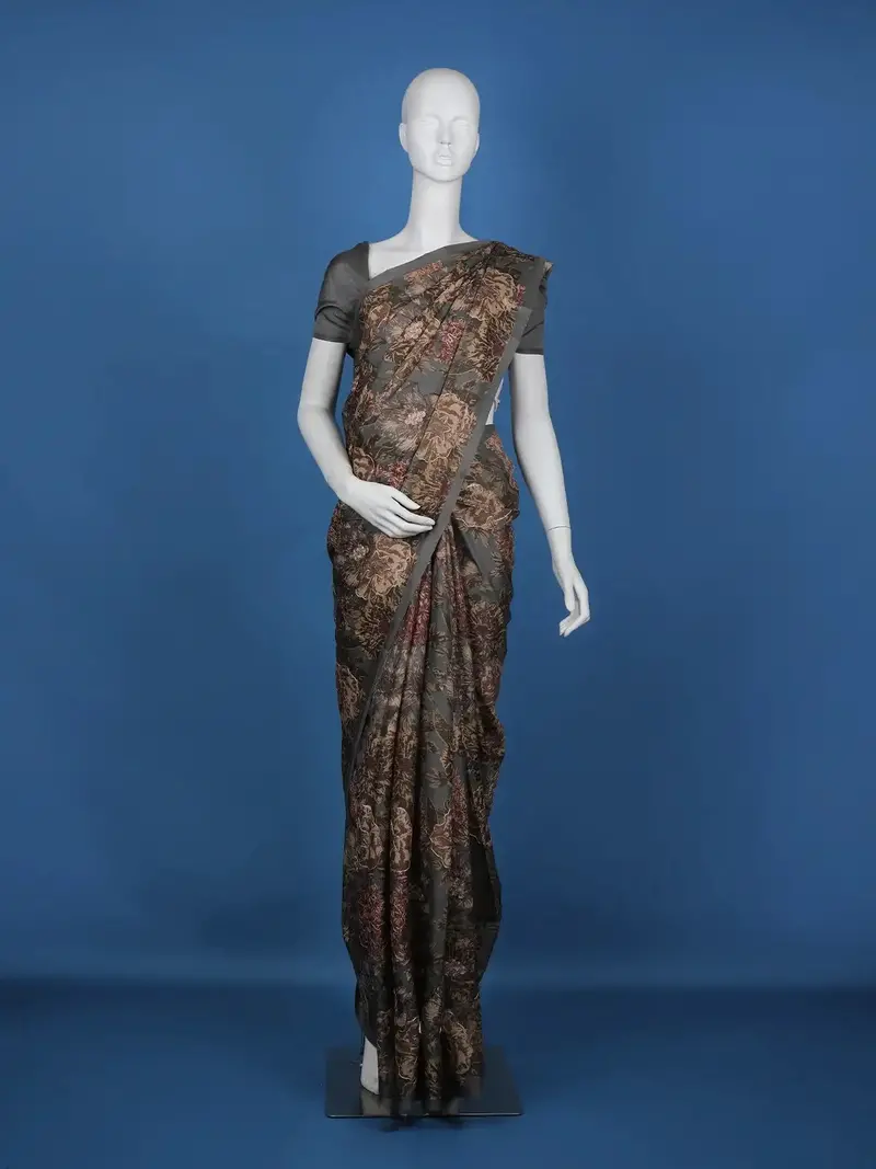Dark Grey Floral Designed Semi Tussar Saree 1