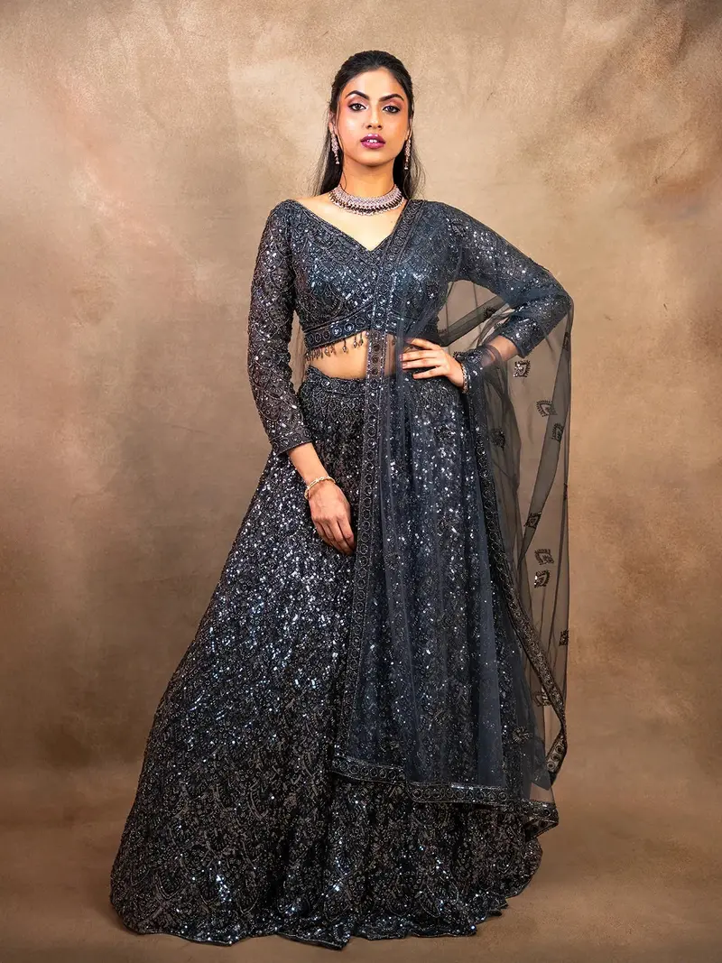 Dark Grey Floral Embroidered Net Bridal Lehenga 1