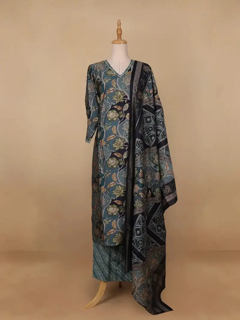 Dark Grey Floral Printed Semi Silk Salwar Suit 1