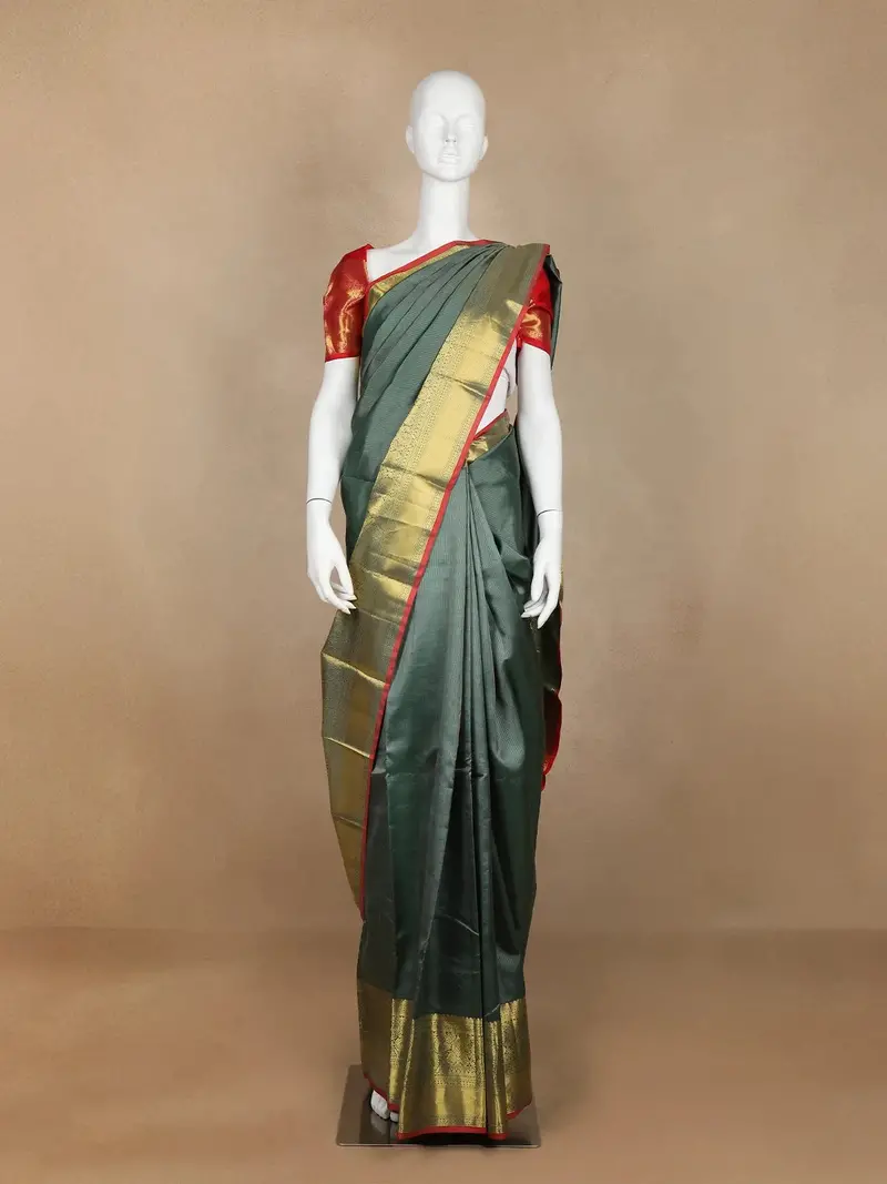 Dark Grey Pure Kanchipuram Silk Saree Stipes With Zari Border 1