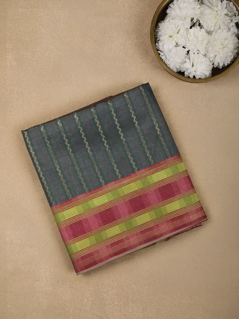 Dark Grey Semi Tussar Silk Checks And Stripes Designed Saree 1