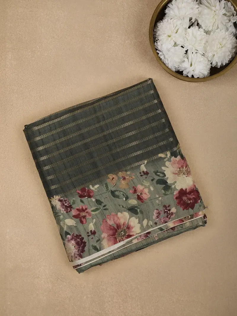 Dark Grey Semi Tussar Silk Striped And Floral Prints Saree 1