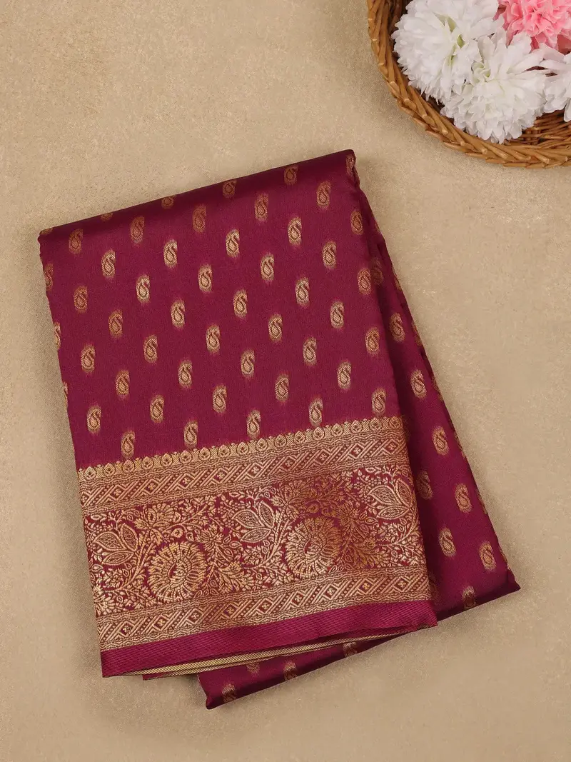 Dark Magenta Floral Design Silk Saree 1
