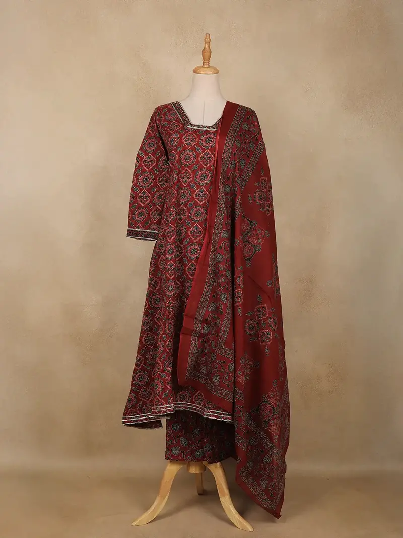 Dark Maroon Floral Printed Cotton Salwar Suit 1