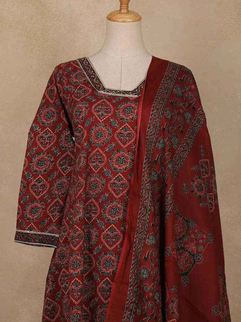 Dark Maroon Floral Printed Cotton Salwar Suit 2