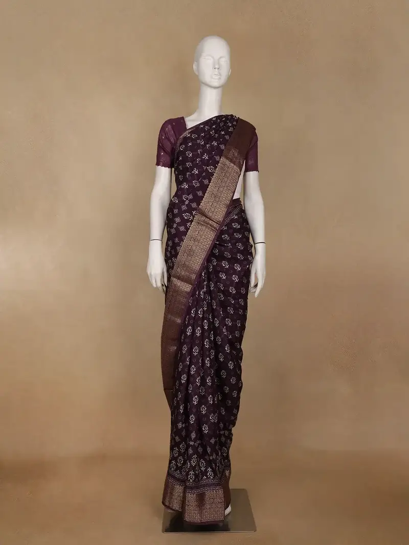 Dark Maroon Floral Printed Cotton Saree 1