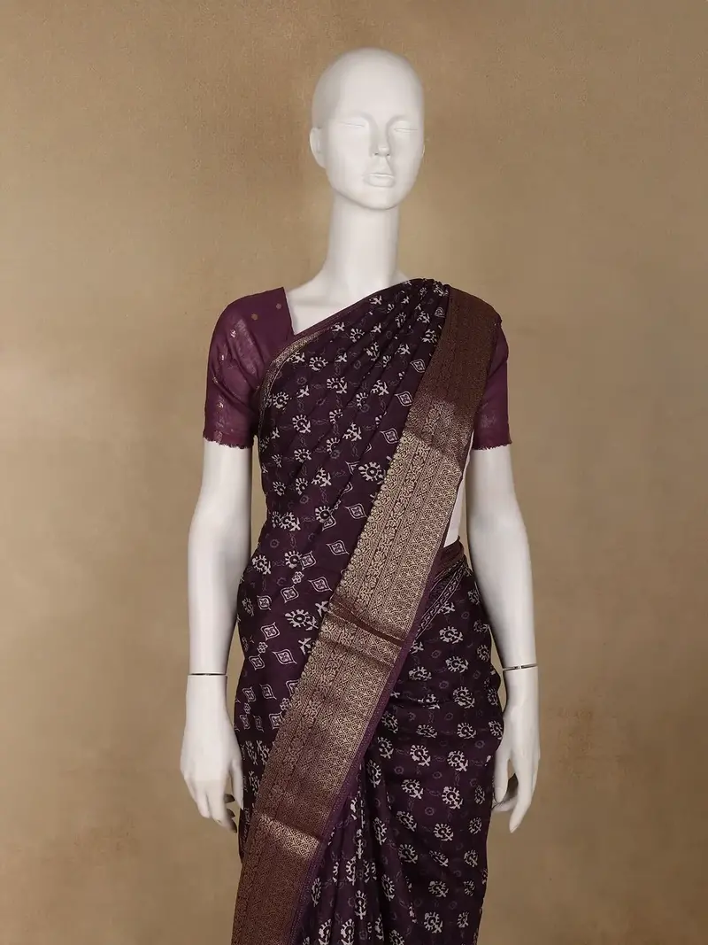 Dark Maroon Floral Printed Cotton Saree 2