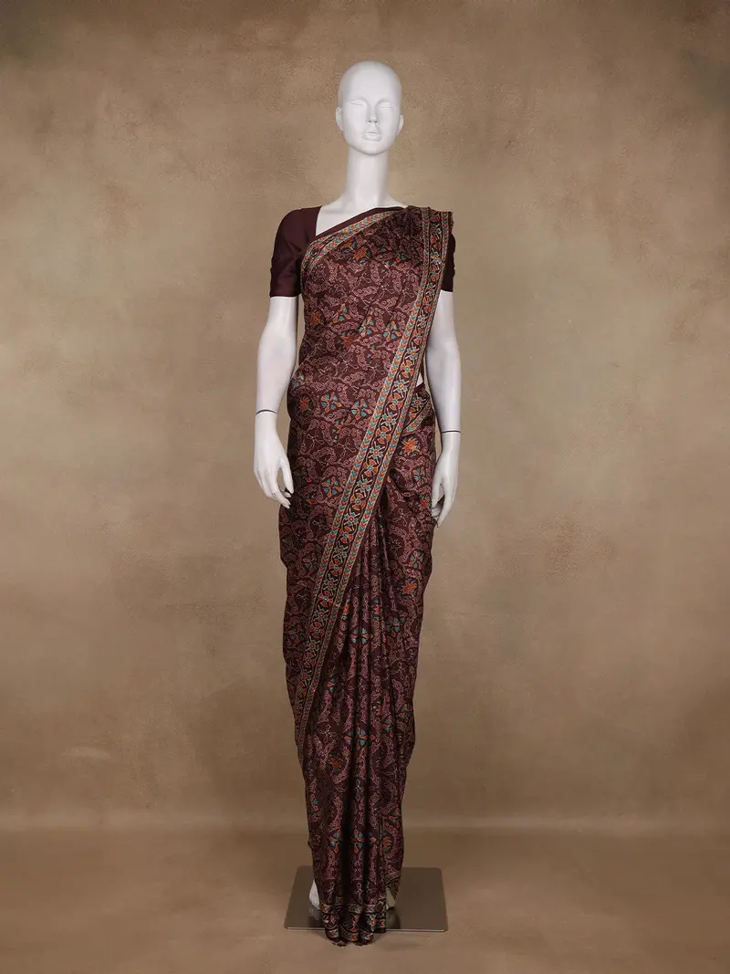 Dark Maroon Floral Printed Tussar Saree 1