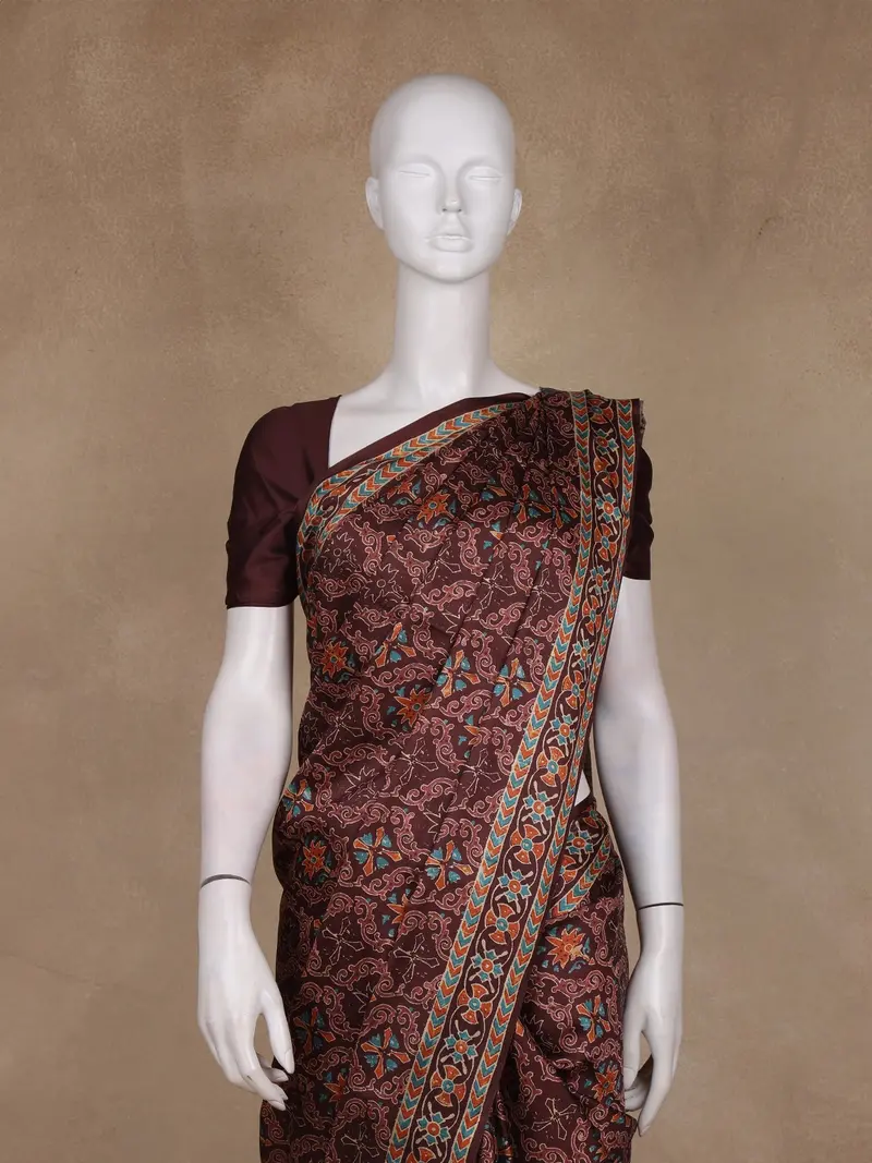 Dark Maroon Floral Printed Tussar Saree 2