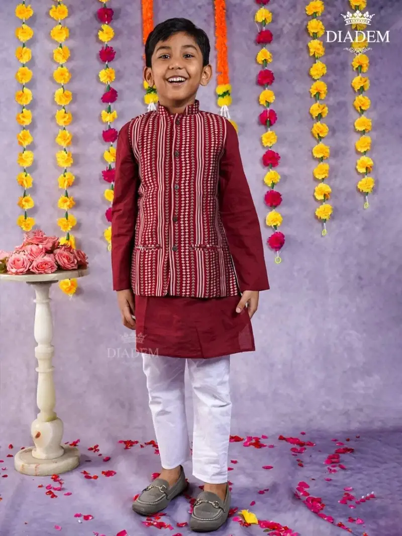 Dark Maroon Kurta Pyjama With Design Jacket 1