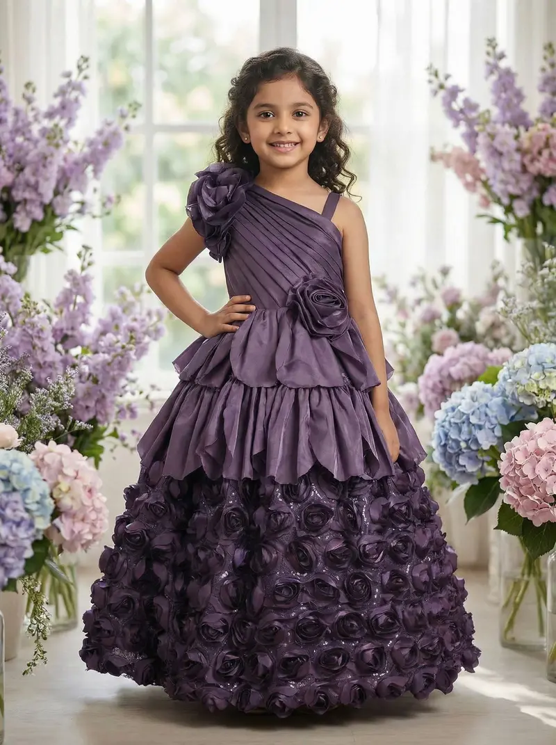 Dark Mauve 3D Floral Designed Organza Party Wear Gown For Girls 1