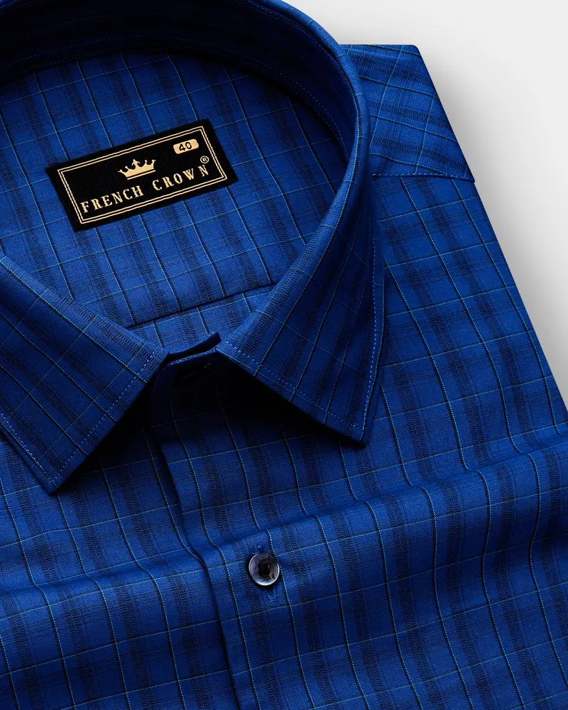Dark Midnight Blue Plaid Poplin Giza Cotton Shirt 1