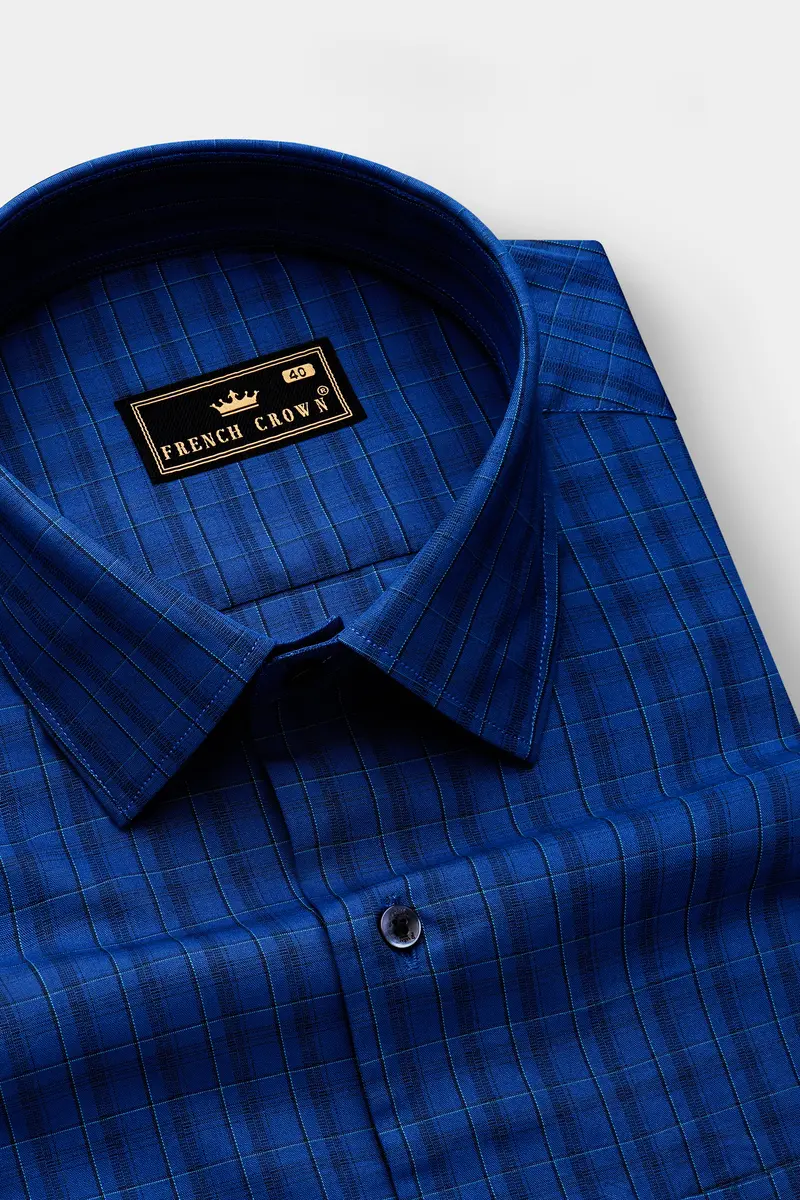 Dark Midnight Blue Plaid Poplin Giza Cotton Shirt 2