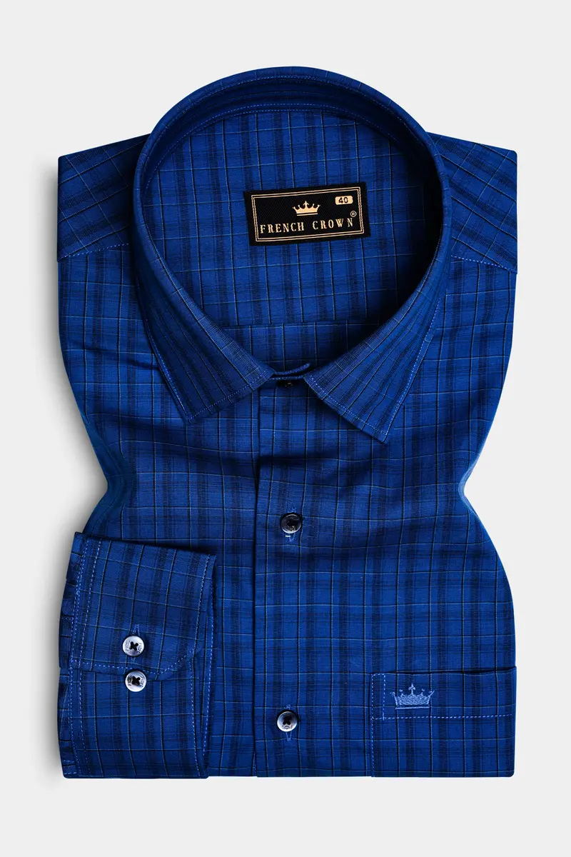 Dark Midnight Blue Plaid Poplin Giza Cotton Shirt 4