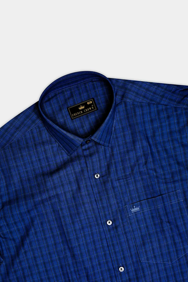 Dark Midnight Blue Plaid Poplin Giza Cotton Shirt 5