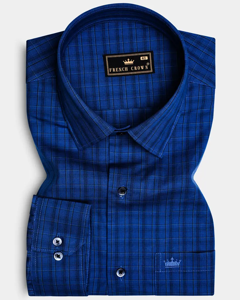 Dark Midnight Blue Plaid Poplin Giza Cotton Shirt 6