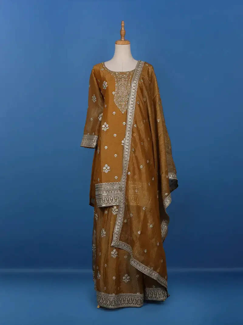 Dark Mustard Floral Designed Semi Silk Salwar Suit 1