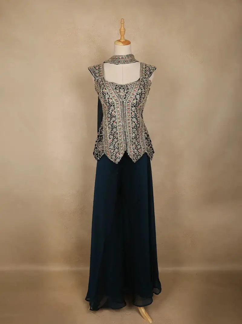 Dark Navy Blue Floral Design Chiffon Palazzo Suit 1