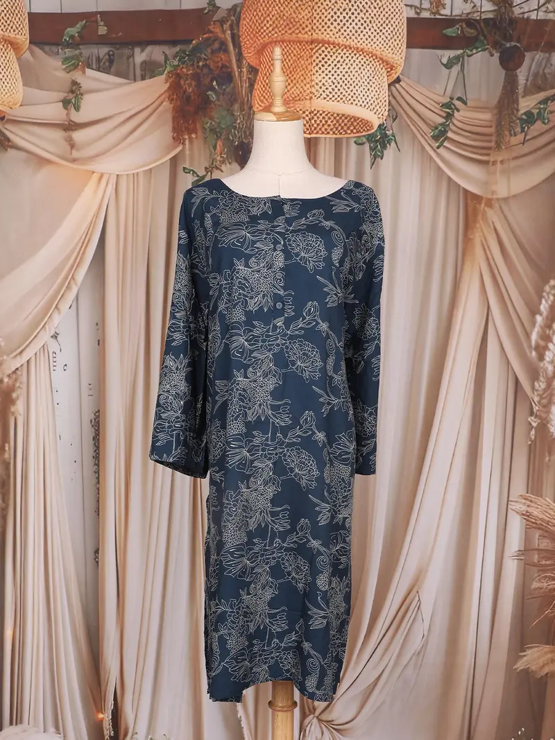 Dark Navy Blue Floral Printed Cotton Rayon Kurti 1