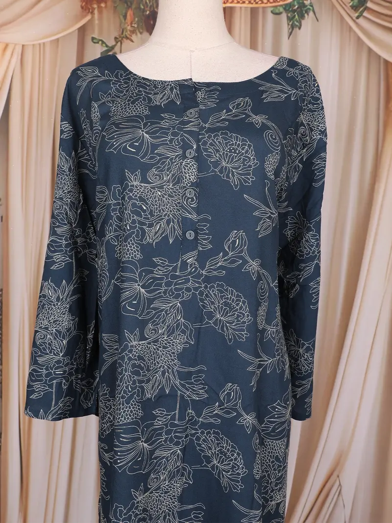 Dark Navy Blue Floral Printed Cotton Rayon Kurti 2