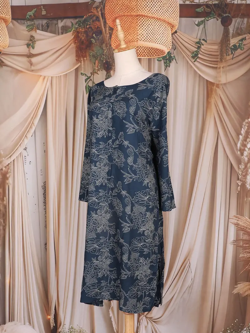 Dark Navy Blue Floral Printed Cotton Rayon Kurti 3