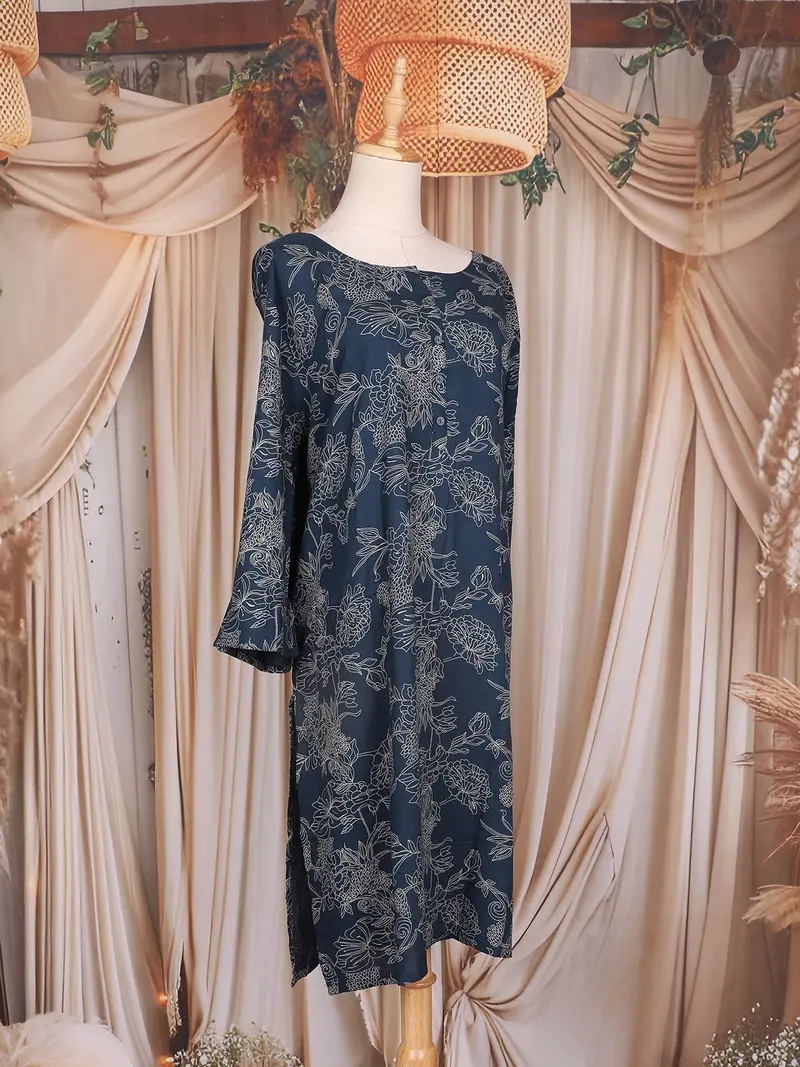 Dark Navy Blue Floral Printed Cotton Rayon Kurti 4