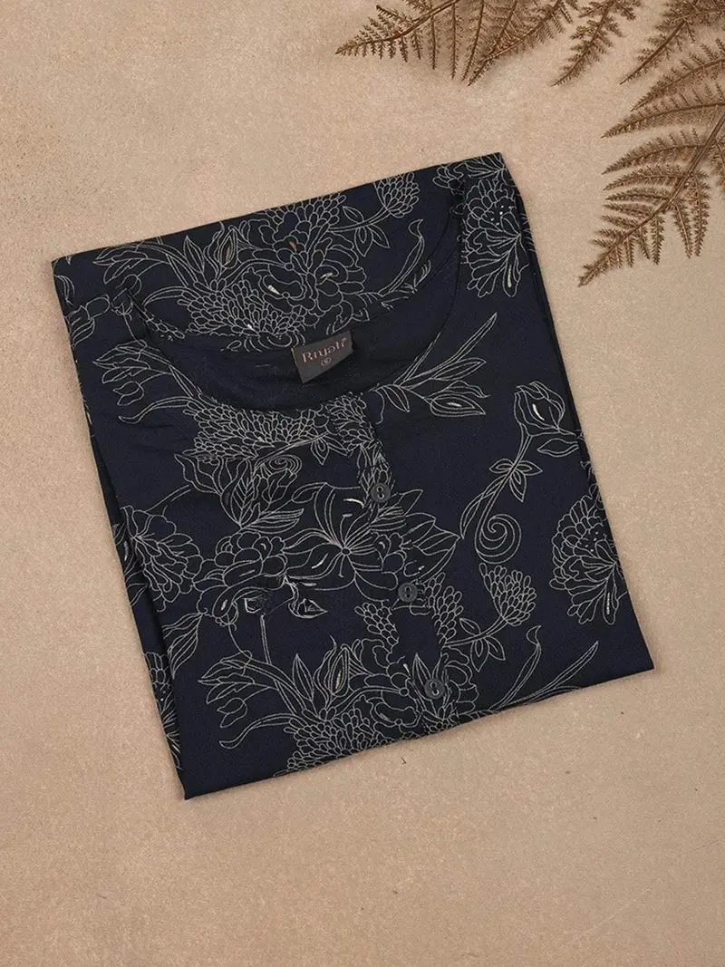 Dark Navy Blue Floral Printed Cotton Rayon Kurti 5