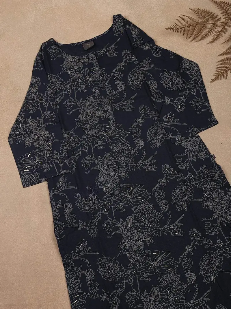 Dark Navy Blue Floral Printed Cotton Rayon Kurti 6