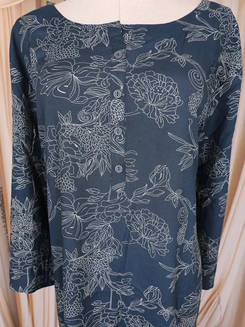 Dark Navy Blue Floral Printed Cotton Rayon Kurti 8