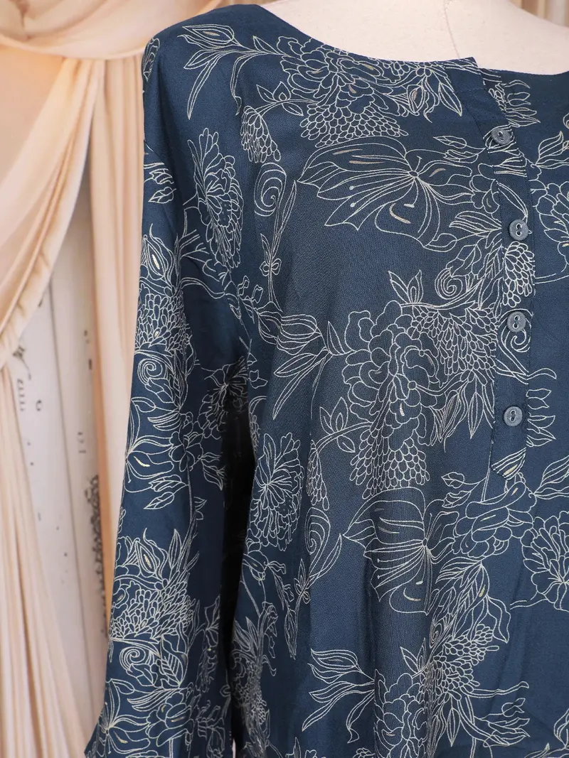 Dark Navy Blue Floral Printed Cotton Rayon Kurti 9